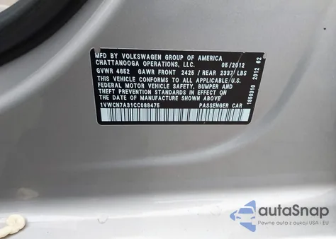 2012 Volkswagen Passat 2.0L Tdi Sel Premium z USA, uszkodzony, nr VIN 1VWCN7A31CC088475